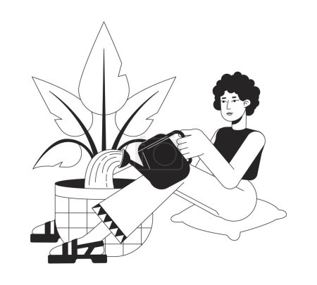 Illustration for Curly hair woman watering house plant flat line black white vector character. Editable outline full body person. Gardening indoor simple cartoon isolated spot illustration for web graphic design - Royalty Free Image