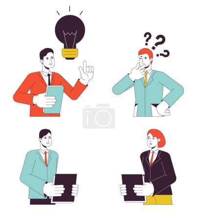 Illustration for Office people working hard flat line vector spot illustration set. Male and female employees 2D cartoon outline characters on white for web UI design. Editable isolated colorful hero image pack - Royalty Free Image