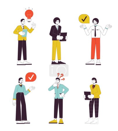 Illustration for Office women and office men flat line vector spot illustration set. Clerical workers 2D cartoon outline characters on white for web UI design. Colleagues editable isolated colorful hero image pack - Royalty Free Image