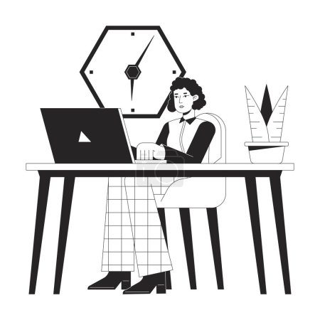 Illustration for Office worker sitting at desk bw concept vector spot illustration. Office woman at workplace 2D cartoon flat line monochromatic character for web UI design. Editable isolated outline hero image - Royalty Free Image