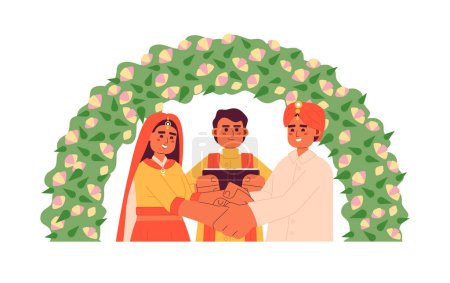 Illustration for Indian prayer officiating bride groom hindu wedding semi flat colorful vector characters. Ceremonial event. Editable half body people on white. Simple cartoon spot illustration for web graphic design - Royalty Free Image