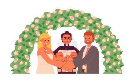 Illustration for Pastor officiating bride groom wedding semi flat colorful vector characters. Happy couple under floral arch. Editable half body people on white. Simple cartoon spot illustration for web graphic design - Royalty Free Image