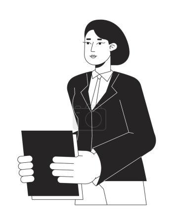 Illustration for Caucasian female employee holding papers bw vector spot illustration. Serious office worker 2D cartoon flat line monochromatic character for web UI design. Editable isolated outline hero image - Royalty Free Image