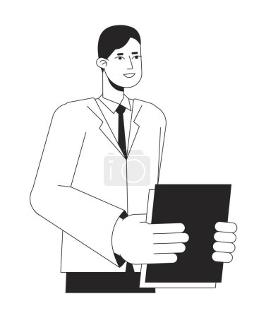 Illustration for Asian office worker holding paperwork bw vector spot illustration. Male white collar worker 2D cartoon flat line monochromatic character for web UI design. Editable isolated outline hero image - Royalty Free Image