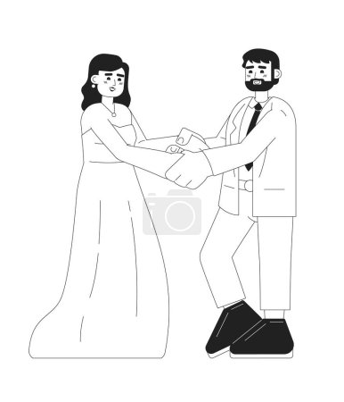Illustration for American wedding bride and groom monochromatic flat vector characters. Couple wearing traditional attire. Editable line full body people on white. Simple bw cartoon spot image for web graphic design - Royalty Free Image
