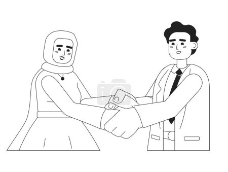 Illustration for Muslim wedding couple holding hands monochromatic flat vector characters. Bridal hijab woman, bridegroom. Editable line half body people on white. Simple bw cartoon spot image for web graphic design - Royalty Free Image