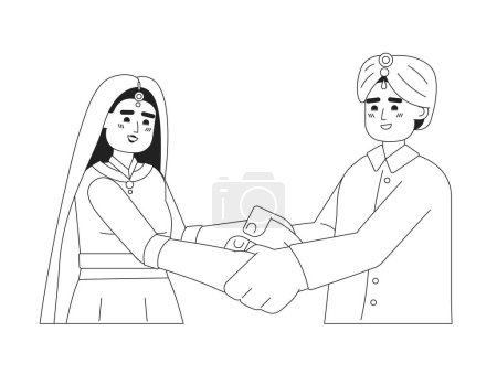 Illustration for Hindu wedding couple holding hands monochromatic flat vector characters. Happy indian groom and bride. Editable thin line half body people on white. Simple bw cartoon spot image for web graphic design - Royalty Free Image