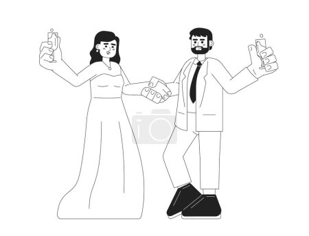 Illustration for Happy couple celebrating wedding anniversary monochromatic flat vector characters. Champagne cheers. Editable thin line full body people on white. Simple bw cartoon spot image for web graphic design - Royalty Free Image