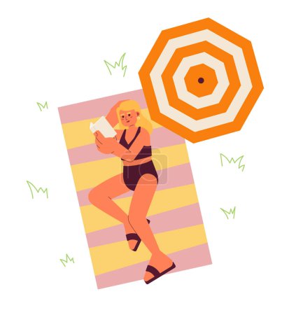 Illustration for Reading book on beach flat vector spot illustration. Caucasian woman enjoying summer reading 2D cartoon character on white for web UI design. Beach relaxation isolated editable creative hero image - Royalty Free Image