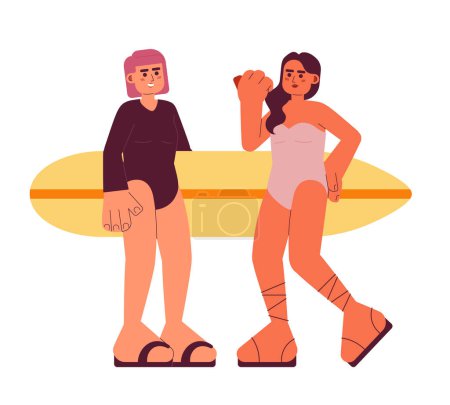 Ilustración de Chicas surfistas jóvenes con tabla de surf en la playa plana vector spot ilustración. Novias divertidos personajes de dibujos animados 2D en blanco para el diseño de interfaz de usuario web. Vacaciones de verano aislado imagen héroe creativo editable - Imagen libre de derechos