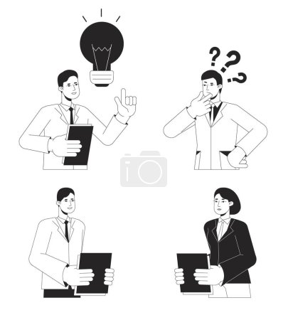 Illustration for Office people working hard bw vector spot illustration set. Male and female employees 2D cartoon flat line monochromatic characters for web UI design. Editable isolated outline hero image pack - Royalty Free Image