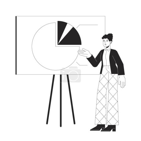 Illustration for Spokeswoman with whiteboard presentation flat line black white vector character. Editable outline full body person on white. Simple cartoon isolated spot illustration for web graphic design - Royalty Free Image