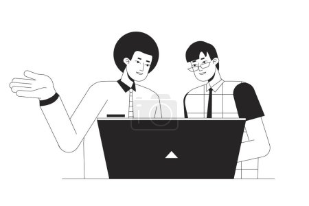 Illustration for Corporate trainer training job intern flat line black white vector characters. Editable outline half body people on white. Co-workers simple cartoon isolated spot illustration for web graphic design - Royalty Free Image
