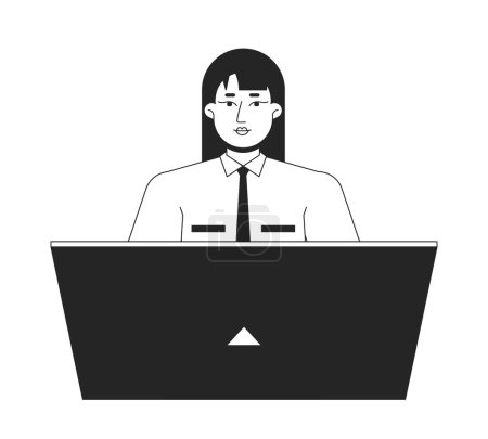 Illustration for Female receptionist office worker flat line black white vector character. Editable outline half body person on white. Woman laptop work simple cartoon isolated spot illustration for web graphic design - Royalty Free Image
