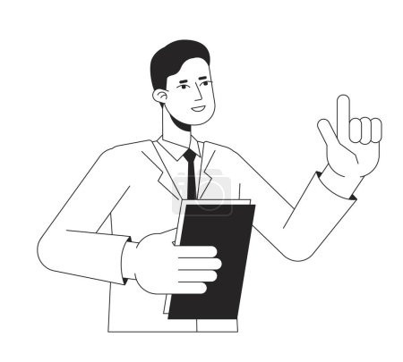 Ilustración de Tutor masculino explicando con el dedo levantado línea plana negro blanco vector carácter. Esquema editable persona de medio cuerpo en blanco. Ilustración puntual aislada de dibujos animados simples para diseño gráfico web - Imagen libre de derechos