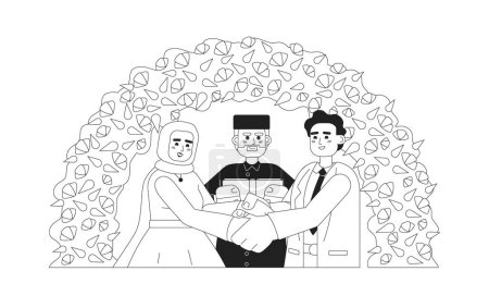 Illustration for Imam officiating muslim bride groom wedding monochromatic flat vector characters. Nikah ceremony. Editable thin line half body people on white. Simple bw cartoon spot image for web graphic design - Royalty Free Image
