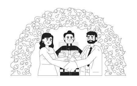 Illustration for Pastor officiating bride groom wedding monochromatic flat vector characters. Happy couple under arch. Editable thin line half body people on white. Simple bw cartoon spot image for web graphic design - Royalty Free Image