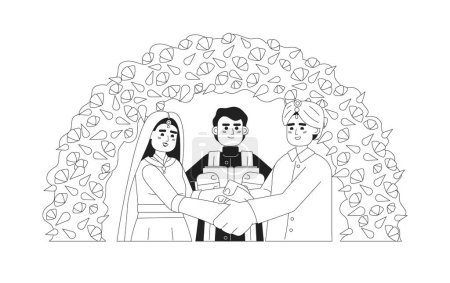 Illustration for Indian prayer officiating bride groom hindu wedding monochromatic flat vector characters. Ceremonial event. Editable line half body people on white. Simple bw cartoon spot image for web graphic design - Royalty Free Image