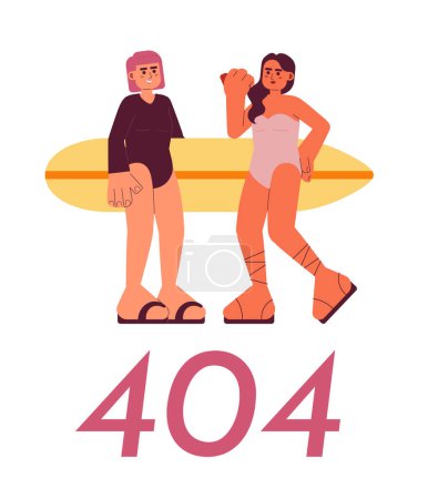 Illustration for Young surfer girls with surfboard on beach error 404 flash message. Girlfriends fun. Empty state ui design. Page not found popup cartoon image. Vector flat illustration concept on white background - Royalty Free Image