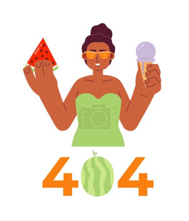Illustration for Eating ice cream, watermelon on beach error 404 flash message. Black woman in swimsuit. Empty state ui design. Page not found popup cartoon image. Vector flat illustration concept on white background - Royalty Free Image