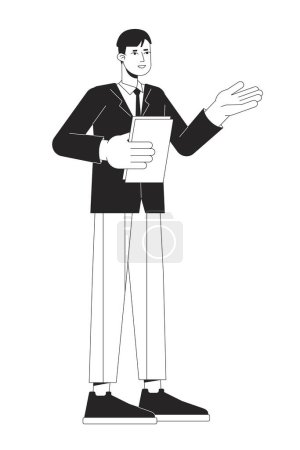Illustration for Office man presenting business report at work flat line black white vector character. Editable outline full body person on white. Simple cartoon isolated spot illustration for web graphic design - Royalty Free Image