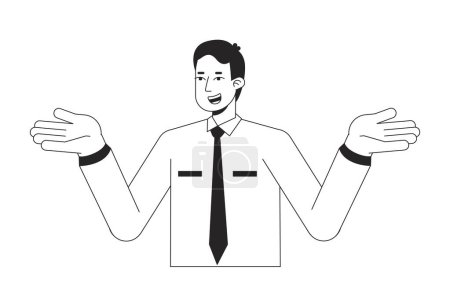 Illustration for Office man shrugging shoulders in confusion flat line black white vector character. Editable outline half body person on white. Simple cartoon isolated spot illustration for web graphic design - Royalty Free Image