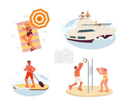 Illustration for Enjoy summer break flat vector spot illustration set. 2D cartoon characters on white for web UI design. Volleyball sand. Reading book beach. Yacht party isolated editable creative hero image pack - Royalty Free Image