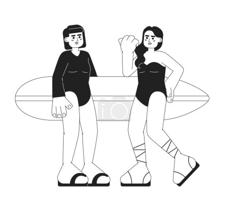 Ilustración de Chicas surfistas jóvenes con tabla de surf en la playa monocromo vector spot ilustración. Novias diversión 2D plana bw personajes de dibujos animados para el diseño de interfaz de usuario web. Vacaciones de verano aislado editable mano dibujado héroe imagen - Imagen libre de derechos