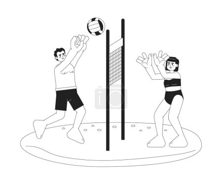 Illustration for Beach volleyball monochrome vector spot illustration. Man and woman in swimsuit playing with ball over net 2D flat bw cartoon characters for web UI design. Isolated editable hand drawn hero image - Royalty Free Image