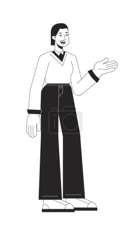 Illustration for Friendly female client advisor flat line black white vector character. Editable outline full body person on white. Business woman simple cartoon isolated spot illustration for web graphic design - Royalty Free Image