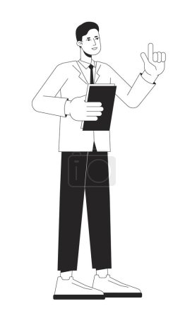 Ilustración de Hombre jefe de proyecto sosteniendo papeleo línea plana negro blanco vector carácter. Esquema editable persona de cuerpo completo en blanco. Hombre de negocios simple ilustración spot de dibujos animados aislados para el diseño gráfico web - Imagen libre de derechos
