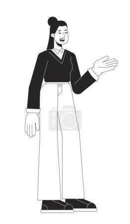 Ilustración de Mujer asiática consejera línea plana negro blanco vector carácter. Una vendedora. Esquema editable persona de cuerpo completo en blanco. Empresaria simple ilustración spot de dibujos animados aislados para el diseño gráfico web - Imagen libre de derechos