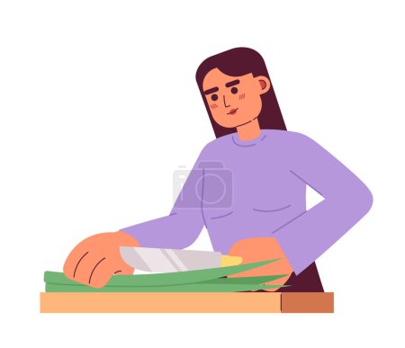 Illustration for Woman cutting green onion semi flat colorful vector character. Editable half body caucasian cooking person on white. Simple cartoon spot illustration for web graphic design - Royalty Free Image