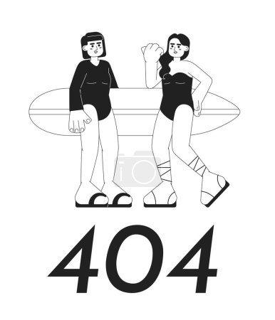 Illustration for Young surfer girls with surfboard on beach black white error 404 flash message. Monochrome empty state ui design. Page not found popup cartoon image. Vector flat outline illustration concept - Royalty Free Image