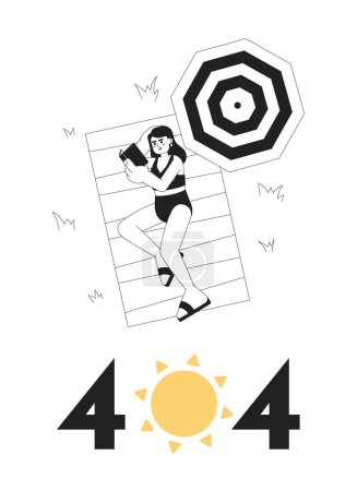Illustration for Reading book on beach black white error 404 flash message. Woman enjoying summer reading. Monochrome empty state ui design. Page not found popup cartoon image. Vector flat outline illustration concept - Royalty Free Image