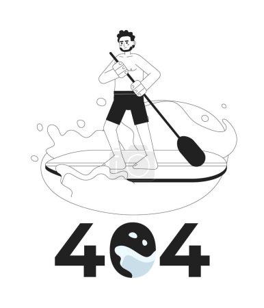 Illustration for Indian man paddleboarding on lake black white error 404 flash message. Paddle board. Monochrome empty state ui design. Page not found popup cartoon image. Vector flat outline illustration concept - Royalty Free Image
