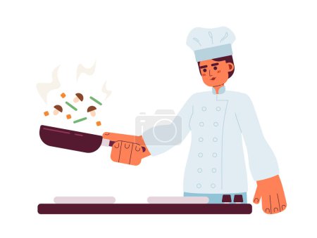 Illustration for Skilled chef flipping vegetables semi flat colorful vector character. Editable half body caucasian cooking person on white. Simple cartoon spot illustration for web graphic design - Royalty Free Image