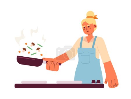 Illustration for Young blonde woman fry vegetables semi flat colorful vector character. Editable half body caucasian cooking person on white. Simple cartoon spot illustration for web graphic design - Royalty Free Image