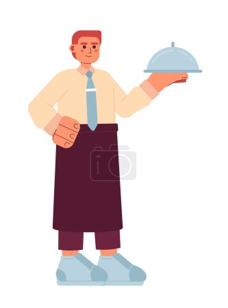Illustration for Waiter stand with tray semi flat colorful vector character. Editable full body caucasian cooking person on white. Simple cartoon spot illustration for web graphic design - Royalty Free Image