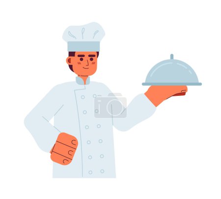 Illustration for Male chef hold silver platter semi flat colorful vector character. Editable half body caucasian cooking person on white. Simple cartoon spot illustration for web graphic design - Royalty Free Image