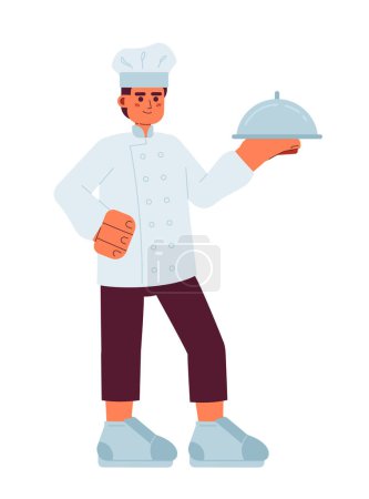 Illustration for Caucasian male chef stand with silver tray semi flat colorful vector character. Editable full body caucasian cooking person on white. Simple cartoon spot illustration for web graphic design - Royalty Free Image
