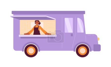 Ilustración de Chica feliz en camión de comida semi plana vector colorido carácter. Medio cuerpo editable persona de cocina caucásica y la venta de alimentos en blanco. Ilustración simple de dibujos animados para el diseño gráfico web - Imagen libre de derechos
