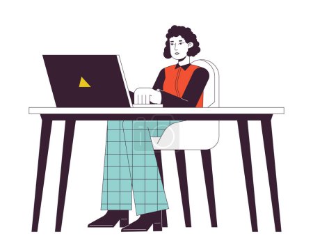 Illustration for Female office worker sitting at desk with laptop flat line color vector character. Editable outline full body person on white. Freelancer woman simple cartoon spot illustration for web graphic design - Royalty Free Image