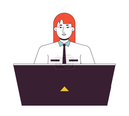 Illustration for Female receptionist office worker flat line color vector character. Editable outline half body person on white. Secretary. Woman laptop work simple cartoon spot illustration for web graphic design - Royalty Free Image