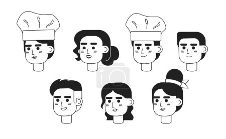 Ilustración de Chefs se enfrenta monocromo plana lineal carácter cabezas paquete. Personajes de cocina. Editable esbozar iconos de la gente. Las caras de los usuarios. 2D dibujos animados spot vector avatar ilustración pack para la animación - Imagen libre de derechos