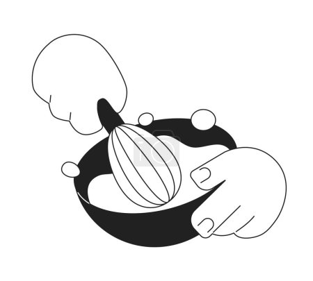 Illustration for Hand hold bowl and mix dough flat monochrome flat vector object. Whipping cream with whisk. Editable black and white thin line icon. Simple cartoon clip art spot illustration for web graphic design - Royalty Free Image