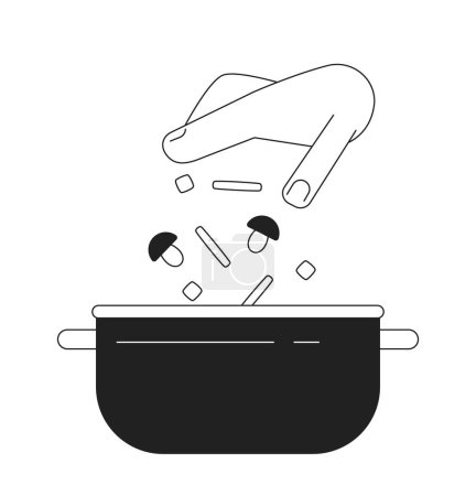 Illustration for Add vegetables in pan flat monochrome flat vector object. Food preparation in steel pot.Editable black and white thin line icon. Simple cartoon clip art spot illustration for web graphic design - Royalty Free Image
