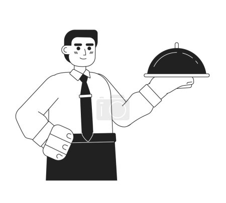 Illustration for Waiter with dish monochromatic flat vector character. Editable thin line half body young caucasian man hold tray with dome on white. Simple bw cartoon spot image for web graphic design. - Royalty Free Image