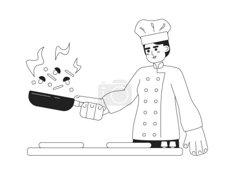 Illustration for Skilled chef flipping vegetables monochromatic flat vector character. Editable thin line half body young man in uniform cooking on white. Simple bw cartoon spot image for web graphic design - Royalty Free Image