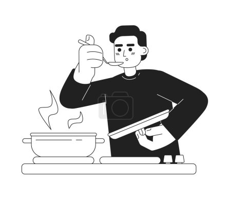 Illustration for Male chef taste food monochromatic flat vector character. Editable thin line half body caucasian man with steel spoon hold lid on white. Simple bw cartoon spot image for web graphic design - Royalty Free Image